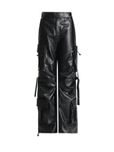 Pockets Leather Trousers For Spliced Drawstring Pants